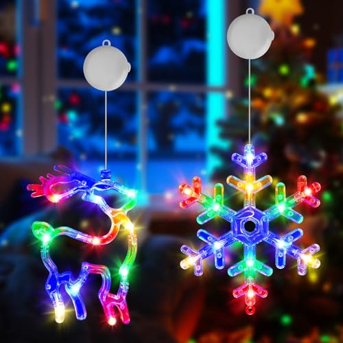 OUILA RGB LED Weihnachtsbeleuchtung, Schneeflocken & Elch Hängende Weihnachtsdeko Fenster Beleuchtet mit Saugnäpfe & Timer Lichterkette Weihnachts Deko Weihnachtslichterketten für Innen Weihnachten