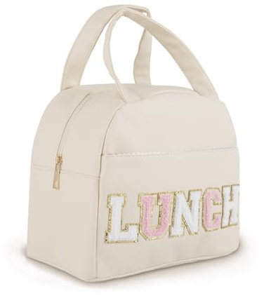 Onperpoe Insulated Kids Lunch Bag, Portable Girls Lunch Bags for School with Letter Embroidery, Waterproof Reusable Cute Lunch Bag for Women Men for Work, Travel, Picnic, BBQ (White)