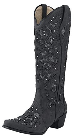 Rodeo-Westernstiefel, bestickt, kniehoch, Nieten, Strassabsatz, Cowboy, für Damen, lange Stiefel, Größe 39, Schwarz , 39.5 EU