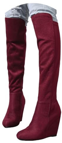 Stivali sopra Il Ginocchio da Donna con Zeppa Boots con Gambale Lungo in Pelle Scamosciata Elasticizzata Stivali Slip-on Invernali retrò, Scarponi da Neve All'aperto, Boots da Cavaliere(Red,36 EU)