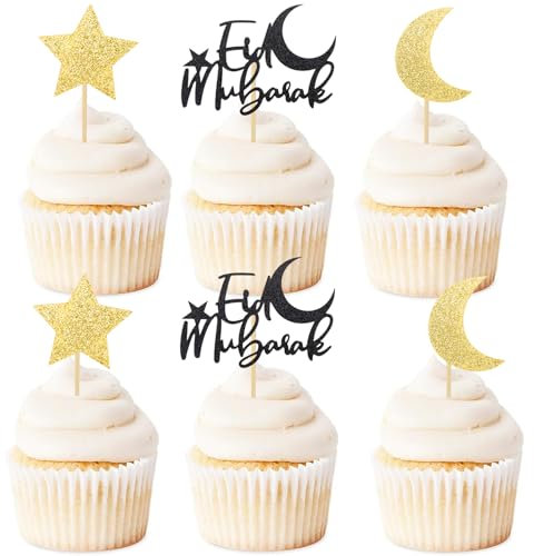 ENLACE Eid Mubarak Tortendeko 25 Stück Glitzer Eid Mubarak Kuchen Deko,Ramadan Cupcake Topper Muslimische,Sterne Mond Cake Topper Eid Deko,Eid Mubarak Muffin Deko für Eid Islamische Party Ramadan Deko