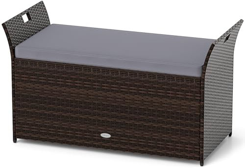 COSTWAY Gartenbank mit Stauraum, Polyrattan Sitzbank mit Kissen & Seitengriffen, Auflagenbox, Kissenbox, Aufbewahrungsbox, Gartentruhe, Gartenbox, 2-Sitzer Balkonbank für Garten, Balkon, Terrasse
