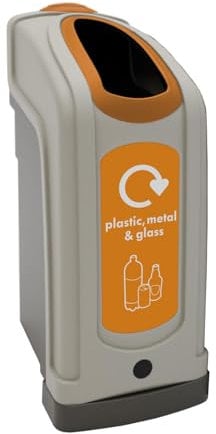 Glasdon Nexus 50 Plastic Metal & Glass Recycling Bin (Orange Sticker) – Mixed Recyclables Recycling Container with Narrow Footprint – 50-Litre Mixed Waste Bin (Pastel Grey)