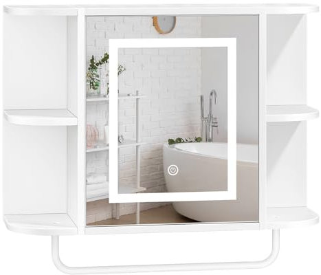 MAHANCRIS Gabinete de Pared para Baño, Armario Botiquín con Espejo Iluminado y Toallero, Armario sobre Inodoro con Estantes Ajustables, para Baño, Lavadero, Sala de Estar, Blanco AWCWT33UE01