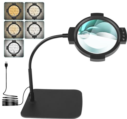 Loupe grossissante x30 x 10 avec lumière et support, lampe de bureau éclairée 54 LED, 5 couleurs, 3 niveaux à intensité variable, col de cygne flexible mains libres pour travaux manuels, loisirs