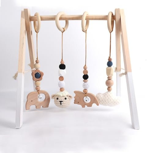 AQCQDQ Spielbogen Baby Holz Anhänger ab 0 Monate, Babyschale Anhänger Holz, Anhänger Baby Gym, 4 Stück Hängespielzeug Kinderwagen Geschenk für Neugeborene Mädchen (Weiß)