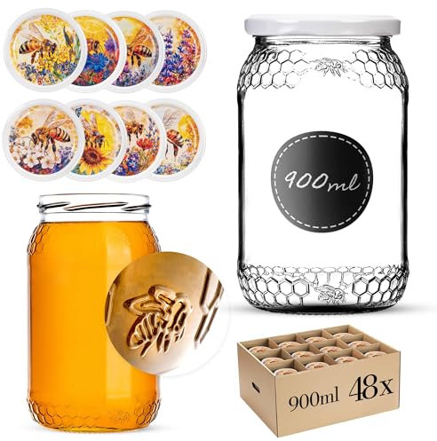 KADAX Lot de 48 bocaux à miel, 900 ml, avec couvercle à visser fi82 mm, pour miel, pots à confiture, verres à vis, motif d'abeille multicolore