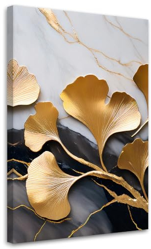Feeby Wandbilder - Bilder Schlafzimmer - Blumen Ginko Glamour Marmor - 40x60 1tlg - Wohnzimmer Bild Groß - Wohnungs - Foto Geschenk - Leinwand Wall Art - Wand Deko