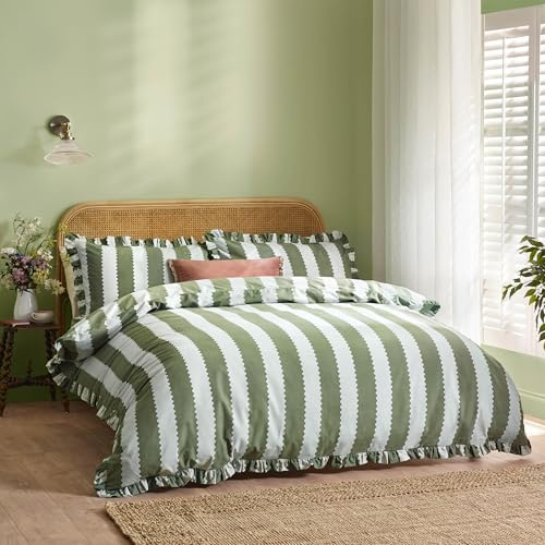 furn. Wylder Birdie Stripe Duvet Cover Set – Reversible Ruffled Cotton Rich Striped Bedding (Baygreen/Mist - Double)