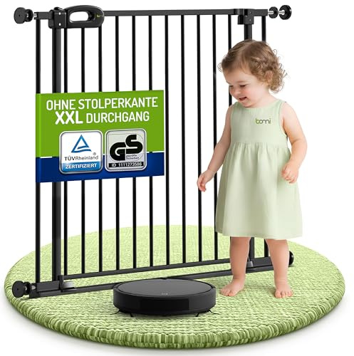 Bomi Treppenschutzgitter Merle Flatstep, Breite 151-159 cm | Türschutzgitter ohne Bohren, stabile Kindersicherung für Kind & Hund, TÜV geprüftes Hundegitter, Türgitter, Treppengitter, Metall Schwarz