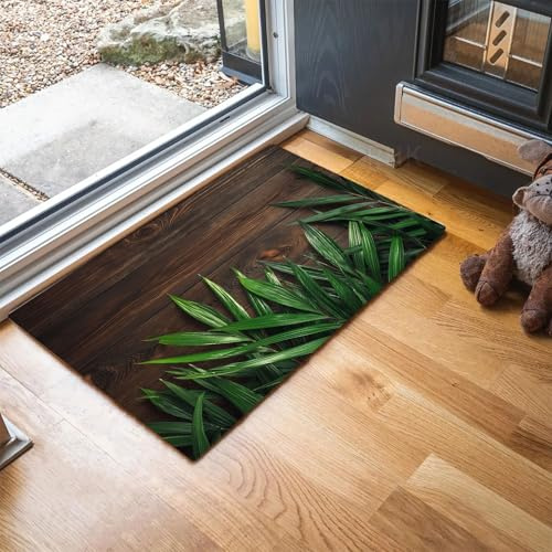 MLSOWM Rustic Wooden Boards Door Mat 60 x 90 cm – Machine Washable Mat Super Soft Non Slip Doormat Indoor Outdoor Green Palm Leaves Absorbent Floor Mats Heavy Duty Entrance Rug, Dark Brown