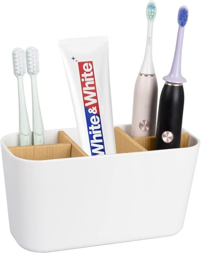 Zahnbürstenhalter mit Bambus Trennwände, 5 Fächer Zahnbürstenhalter, Weiß | Multifunktionaler Moderner Zahnpasta Halter, Badezimmer-Organizer für Zahnbürsten, Zahnpasta, Rasierer & Kosmetikartikel