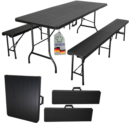 CHEFGASTRO Bierzeltgarnitur klappbar 180cm breit 3-teilig 1x Buffettisch 2X Bierbänke mit Tragegriffe Holz Optik Kunststoff wetterfest Gartenmöbel-Set Gartengarnitur Camping Klapptisch Gartentisch