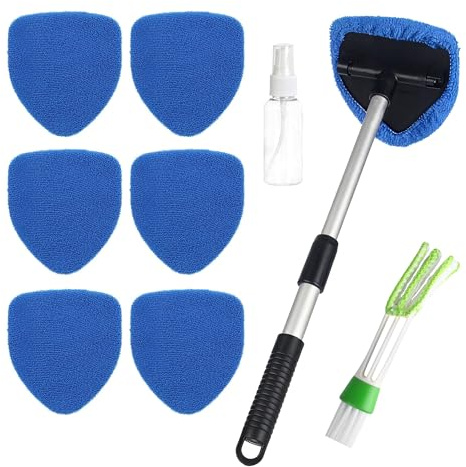 Kit Nettoyage Voiture, comprenant 6 tampons de nettoyage en microfibre, une brosse de climatisation et 1 flacon pulvérisateur ; poignée télescopique rotative à 180 degrés(Bleu)