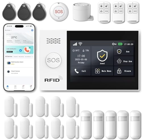XUK Home Security Systems, No Monthly Fee, 4.3 Touchscreen Wireless Alarm System with Motion Sensor, Door/Window Sensor & Remote Control, Works with Smart Life, Tuya App & Alexa (Set of 24)