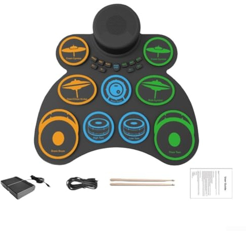 Tragbares elektronisches Schlagzeug-Set mit 1000 mAh Akku, 9-Pad Roll-Up Kit mit USB-Stromversorgung für MIDI und Kopfhörer zum Üben