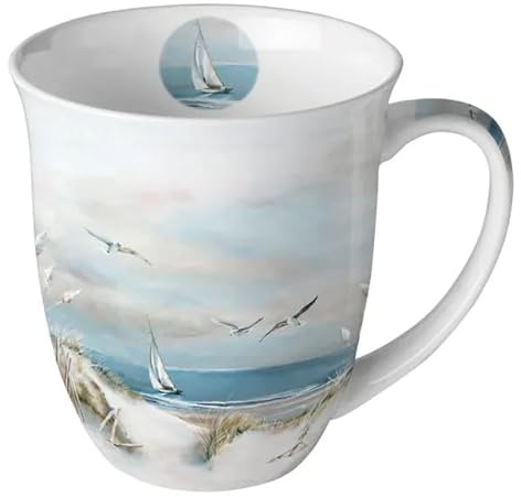 Porzellanbecher 400ml aus Fine Bone China – Kaffeebecher mit Frühlings-, Sommer- und Ostermotiven – Große Tasse für Tee & Kaffee, 10,5 cm hoch (Möwen über dem Meer)
