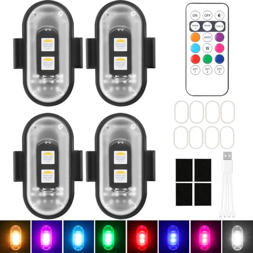 HIULLEN 4 luci LED senza fili, 8 colori stroboscopici con telecomando, luce lampeggiante, ricarica USB, luce anti-collisione, per moto, drone, campeggio, pesca