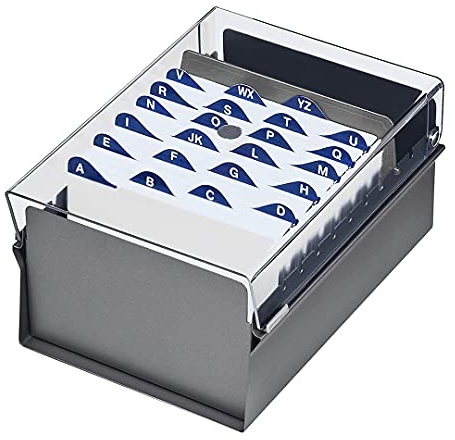 Acrimet 4'' X 6'' Card File Holder Organizer Box Metal Base Heavy Duty (AZ Index Cards 155mm Width x 115mm Height and Divider Included) (Gray Color with Clear Crystal Plastic Lid Cover)