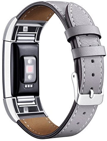 Mornex Für Fitbit Charge 2 Armband, echtes Leder-Armbänder, Unisex-Ersatzband mit Metall Konnektoren(5,5-8,1) Grau