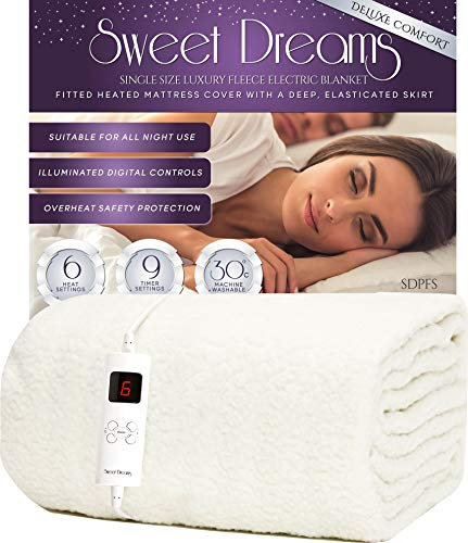 Sweet Dreams Electric Blanket Single Size, Luxury Bed Fleece Heated Mattress Cover, Machine Washable Underblanket, Digital Control, Overheat Protection (Single Size)