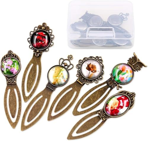 Glarks 12 Stück gemischte Metall-Lesezeichen-Sets, antikes Bronze, 6 Stile, runde und ovale Metall-Tabletts und Glas-Cabochons zum Lesen, Geschenk, Basteln, Buchmarkierung