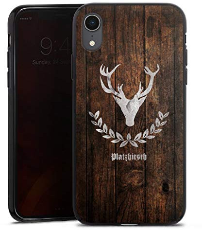 Silikon Hülle kompatibel mit Apple iPhone Xr Case schwarz Handyhülle Hirsch Holzoptik Holz
