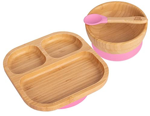 Tiny Dining Baby-Geschirrset - segmentiert - rosa - 3-teilig - geteilter, Rutschfester, selbsternährender Baby-Entwöhnungsteller, Schüssel und Löffel aus Bambus für Babys