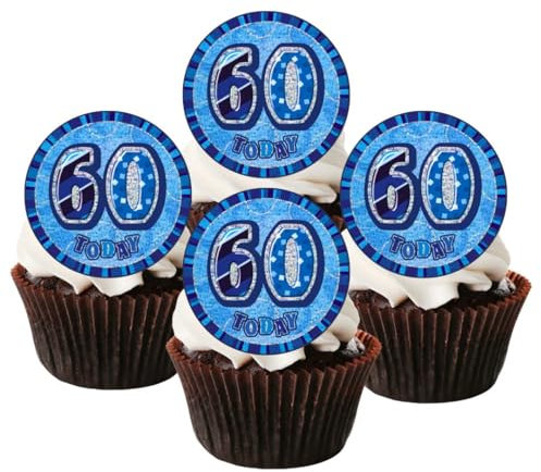 60th Birthday Boy Edible Cupcake Toppers, Blue 60th Cake Decorations - 24 x 1.5 Inch 4cm Uncut