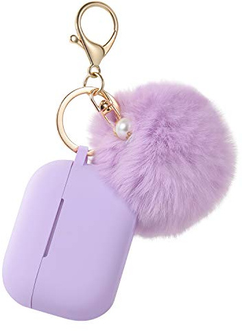 Schutzhülle für Airpods Pro Ladehülle, verbesserte Air Pods Silikon-Schutzhülle mit weichem, niedlichem flauschigem Bommel, Schlüsselanhänger-Set (A, lila)