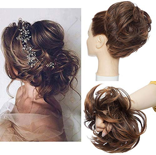 Tousled Updo Messy Bun Haarteil Haargummis Haarverlängerung Pferdeschwanz mit elastischen Haarteil Hair Extensions für Frauen Helles Kastanienbraun mix braun