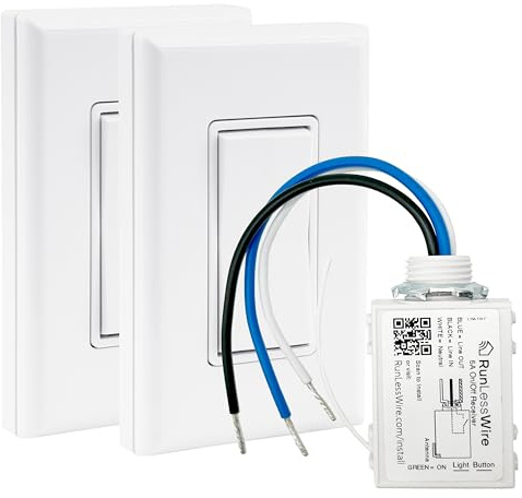 RunLessWire Self-Powered (NO BATTERIES) Wireless Light Switch & Receiver Kit No WiFi Needed DIY, Remote 150+ft RF Range - 3 Way Simple: 1 Receiver, 2 Switches - White