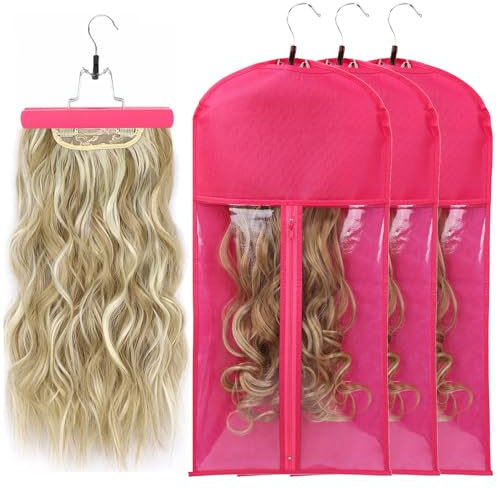Perückenbeutel Aufbewahrung mit Aufhänger - 3 Packungen Perückenaufbewahrung für mehrere Perücken Haarverlängerung Aufbewahrungstasche Haarteile Aufbewahrungshalter (Rose)