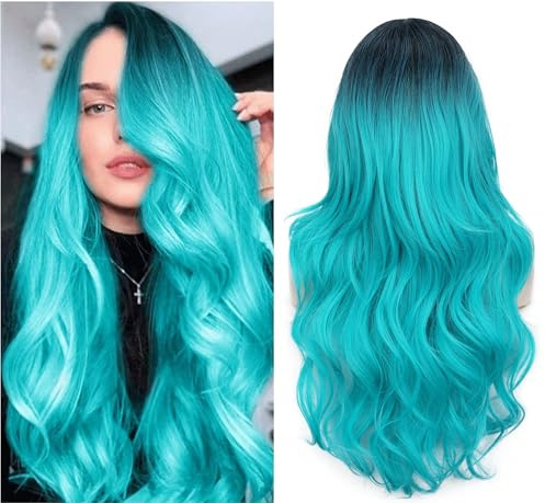FAVE Lange LockenPerücken Ombre Türkisblau Synthetikhaar Für Frauen 65cm | Knotenfreies Haar, verstellbare Kappe, Seitenscheitel, ombre blaugrün, für Alltag, Feiern und Cosplay