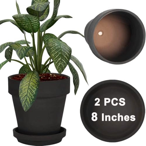 20CM Black Clay Pot for with Saucer - 2 Pack Large Terra Cotta Plant Pot with Drainage Hole, Flower Pot with Tray, Terracotta Pot for Indoor Outdoor