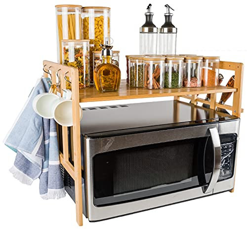 BAMBOO LAND Bamboo Microwave Oven Rack with Hooks and Built-In Knife Holder, Countertop Microwave Shelf