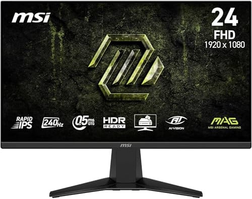 MSI MAG 245F X24 24-Inch Gaming Monitor, 1920x1080 FHD, Rapid IPS, 240Hz, 0.5ms, HDR ready, AMD FreeSync™ Premium, Eye care, AI vision, HDMI 2.0b, DP 1.2a, Frame-less, Vesa Mount, Black