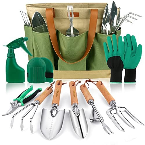 YAUNGEL Set di attrezzi da giardinaggio, 10 pezzi in acciaio inossidabile ad uso intensivo con manico in legno antiscivolo, strumenti da giardinaggio per donne e uomini, Verde