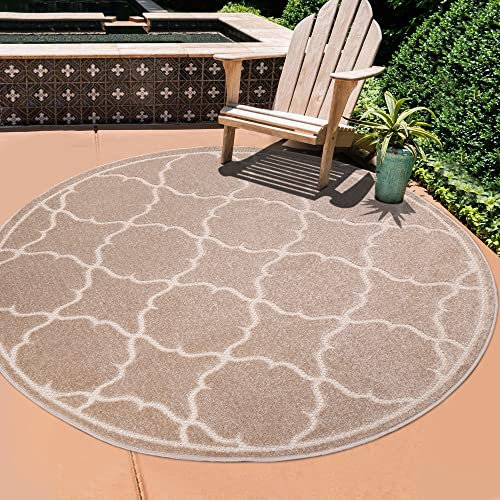 SANAT Outdoor Teppich Wetterfest - Für Innen- und Außenbereich - Wasserabweisend für Balkon, Terrasse, Garten, Küche, Bad oder Wohnzimmer - Beige, 200 cm Rund