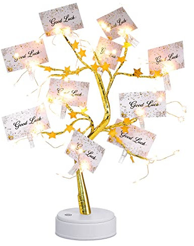 Coume Money Tree Gift Card Holder LED Birch Twig Tree Lights Tabletop Gold Silver Display Money Tree with 15 Clear Clips for Money Wedding Card Photo Birthday Card Holder(Star Style)