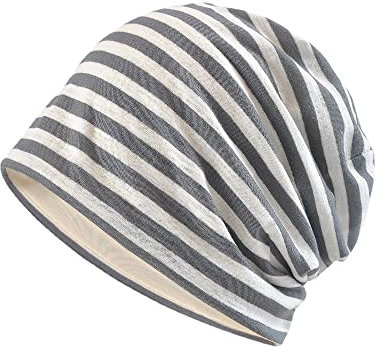 GIVBRO Schlafmütze, gestreift, Nachtmütze, Chemo-Kopfbedeckung, Haube, Slouchy, Beanie-Mütze, Baumwolle, Schlafmütze für Männer und Frauen, grau, Einheitsgröße