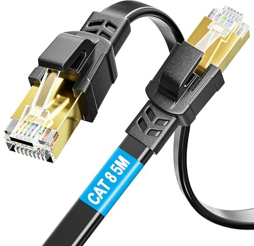 Soibke Cable Ethernet Cat 8 5m Plat, Cable RJ45 5 Mètres Blindé Cable Internet Haut Debit 40Gbps 2000MHz Câble Réseau Haute Vitesse Câble Patch Gigabit Cable LAN Plat Noir pour Routeur, Modem