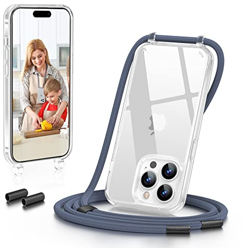 GOODVISH Funda Transparente para iPhone 14 Pro 6.1 con Cuerda, Azul | Phone Case para Teléfono con Cordón, con Ajustable Correa, Anti-Drop, Antiarañazos, Camera and Screen Protection