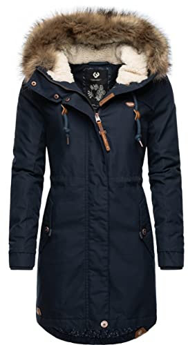 Ragwear Damen Wintermantel Warmer Parka lang mit abnehmbarem Kunstfell Tawny Intl Navy22 Gr. XS