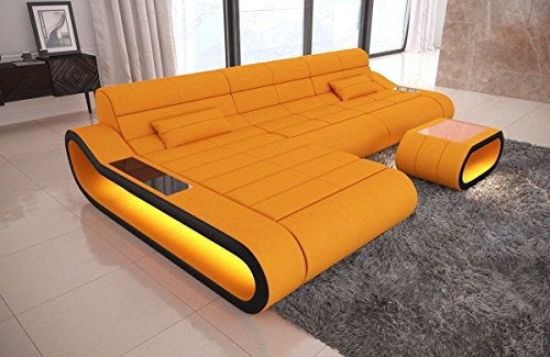 Sofa Dreams Ecksofa Concept lang - mit LED Beleuchtung, Ottomane/Mikrofaser/Ausrichtung wählbar (Ottomane Links, Schwarz-Aprico)