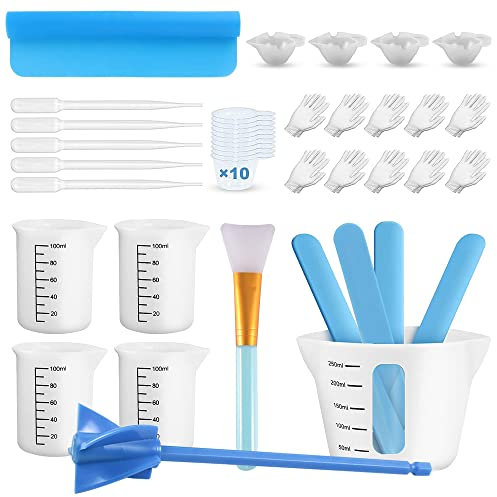 Trhillsbrad Silikon Messbecher Set für Epoxidharz, 250 & 4x100ml Mischbecher, Farbbecher, Silikonmatte, Rührstäbchen, Rührerpaddel, Pipetten, Handschuhe, Formen, Schmuckherstellung, leicht zu reinigen