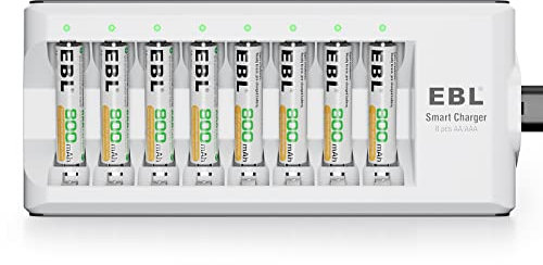 EBL Cargador de Pilas AA AAA con 8 x Pilas Recargables AAA Ni-MH, 8 Ranuras Independientes Cargador Batería para AA AAA Ni-MH