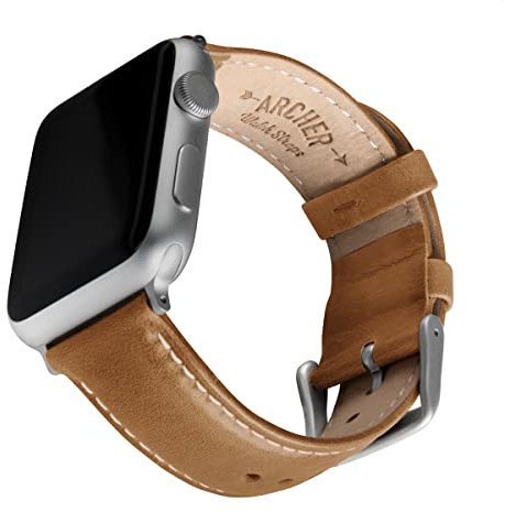 Archer Watch Straps - Cinturini Pelle Pieno Fiore per Apple Watch (Cammello Marrone Chiaro/Cucitura Bianco Naturale, Argento, 44/45/46/49mm)