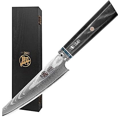MITSUMOTO SAKARI Cuchillos Japoneses Profesional, Cuchillos Kiritsuke Forjado a Mano, 18 cm Cuchillos Cocina de HAP40 Acero en Polvo(Mango de Micarta y Caja de Regalo)