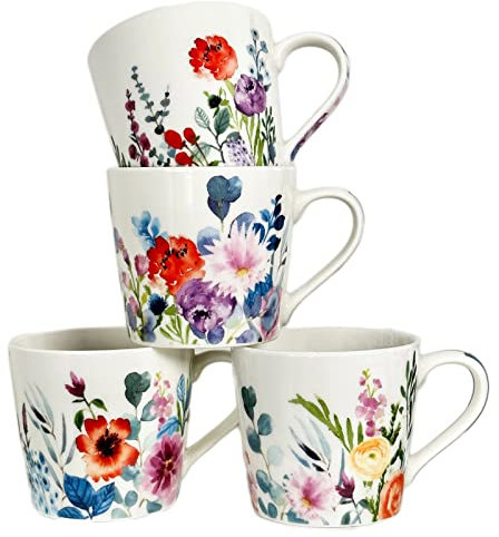 Darthome Floral Meadow Mugs Set of 4 400ml Wild Flowers White Ceramic Kitchen Coffee Cups